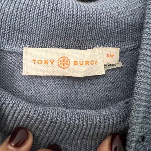 Tory Burch Dusty Blue Wool Open Knit Long Sleeve Sweater Womens Size Small - Picture 6 of 6